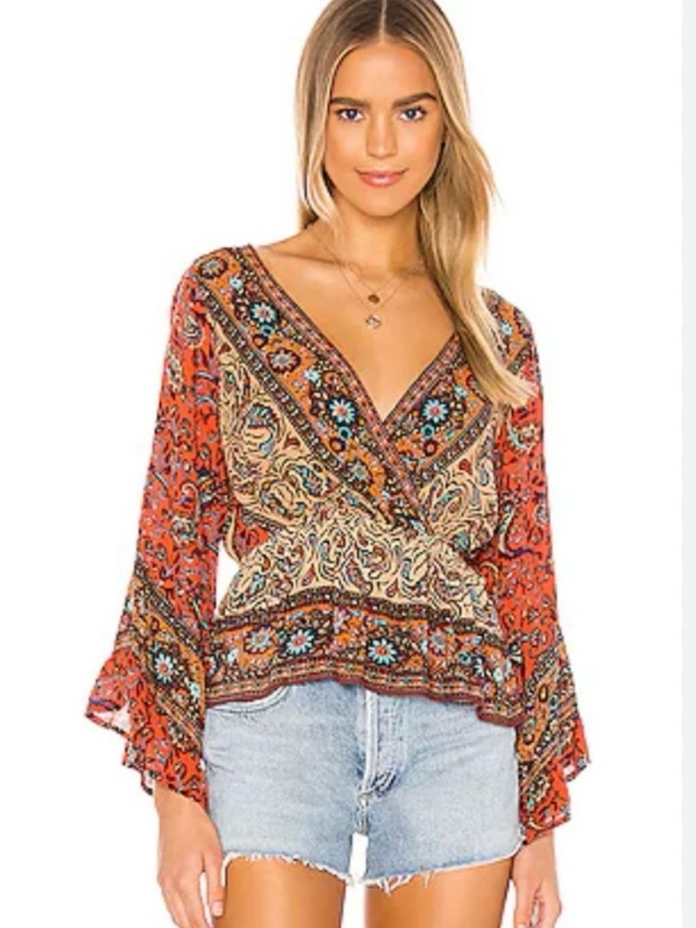 Free People Orange Paisley Wrap Blouse